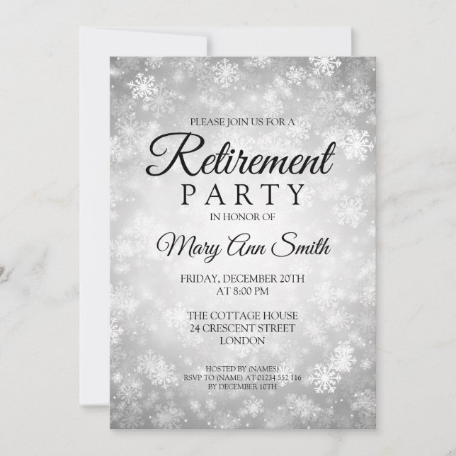 Elegantes Ruhestand Party Silver Winter Wonderland Einladung (Vorderseite)