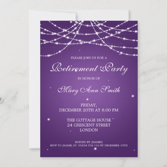 Elegantes Ruhestand Party Stars Lila Einladung (Vorderseite)