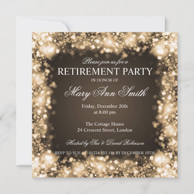 Elegantes Ruhestands-Party-Goldfunkelnde Lichter Einladung (Vorderseite)