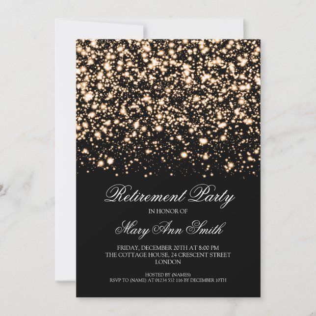 Elegantes Ruhestands-Party-Goldmitternachtszauber Einladung (Vorderseite)