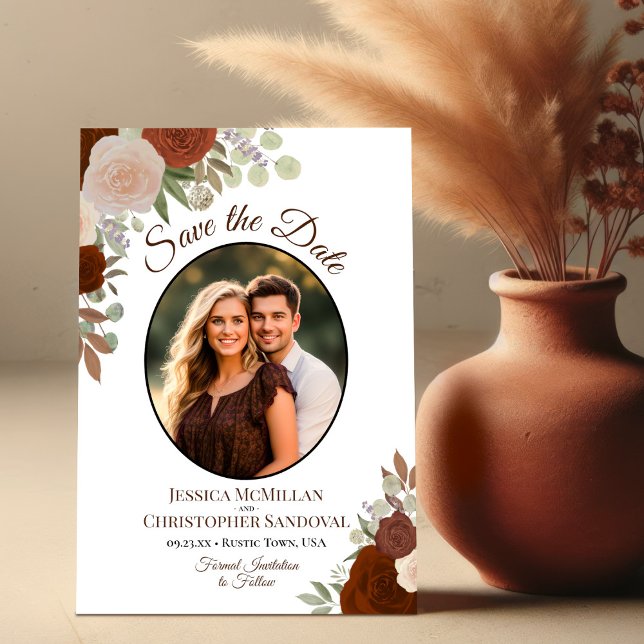 Elegantes Rust Orange Floral Boho Wedding Foto Save The Date (Von Creator hochgeladen)