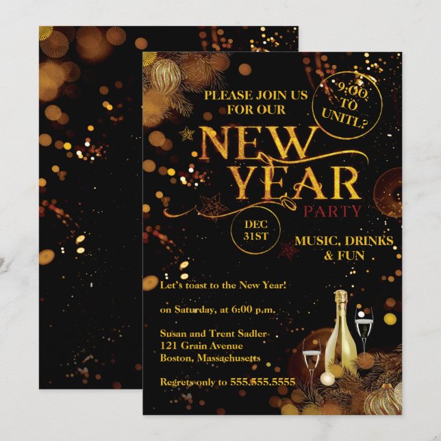 Elegantes Rustic Gold Silvester Party Einladung (Vorne/Hinten)