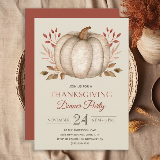 Elegantes Rustic Pumpkin Erntedank Dinner Party Einladung (White pumpkin burnt orange Thanksgiving Dinner invitation)