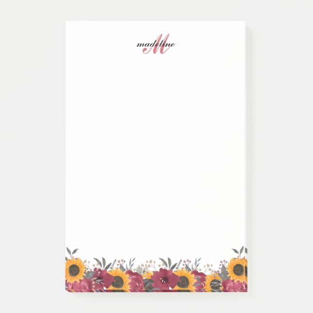 Elegantes Rustic Sunflower Burgundy Script Monogra Post-it Klebezettel (Vorderseite)