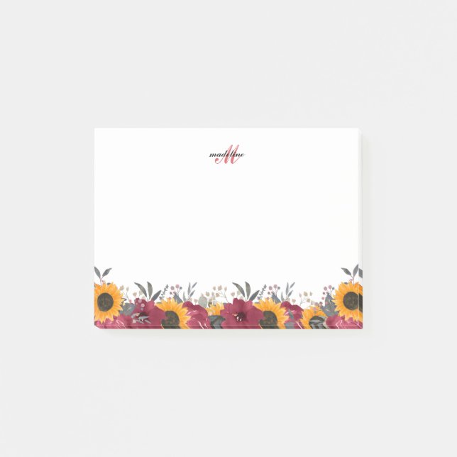 Elegantes Rustic Sunflower Burgundy Script Monogra Post-it Klebezettel (Vorderseite)