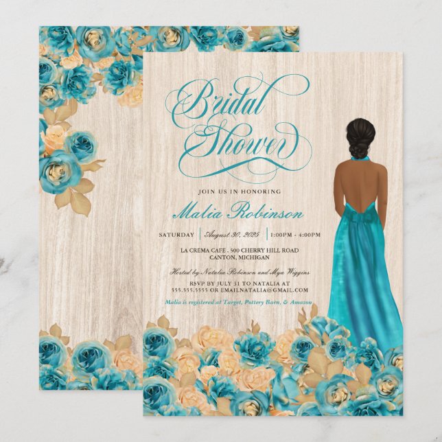Elegantes rustikales Aquamarines Blue Rose & Gown  Einladung (Vorne/Hinten)