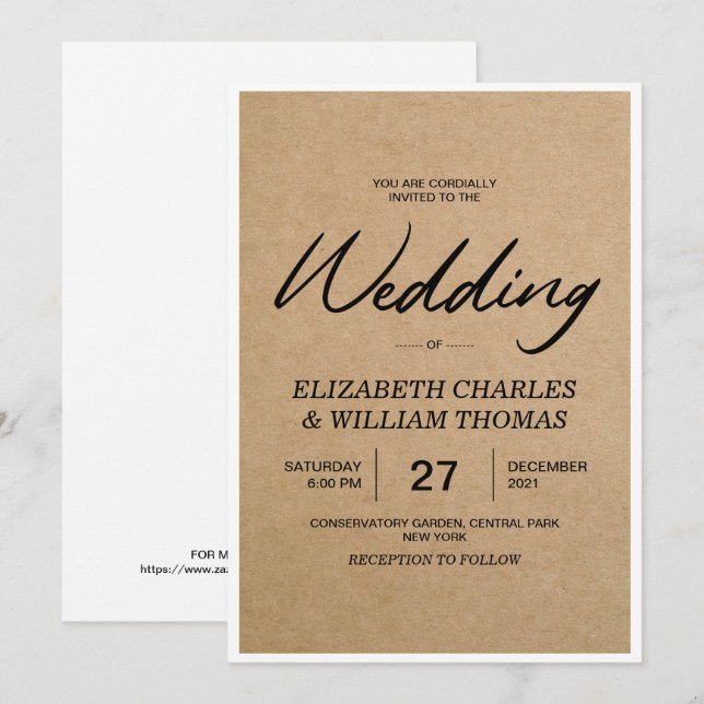 Elegantes Rustikales Brown Paper Wedding Einladung (Vorne/Hinten)