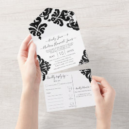 Elegantes, rustikales, einfaches, florales Damasku All In One Einladung