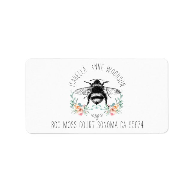 Elegantes Rustikales Floral Bee Return Label Adressaufkleber (Vorne)
