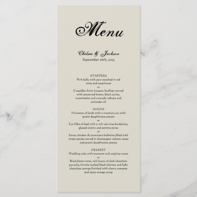 Elegantes rustikales Hochzeitsmenü Menükarte (Vorderseite)