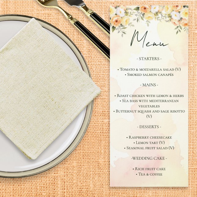 Elegantes Rustikales Hochzeitsmenü Menükarte (A customizable wedding menu card, with peach, yellow and white roses in a watercolor style)