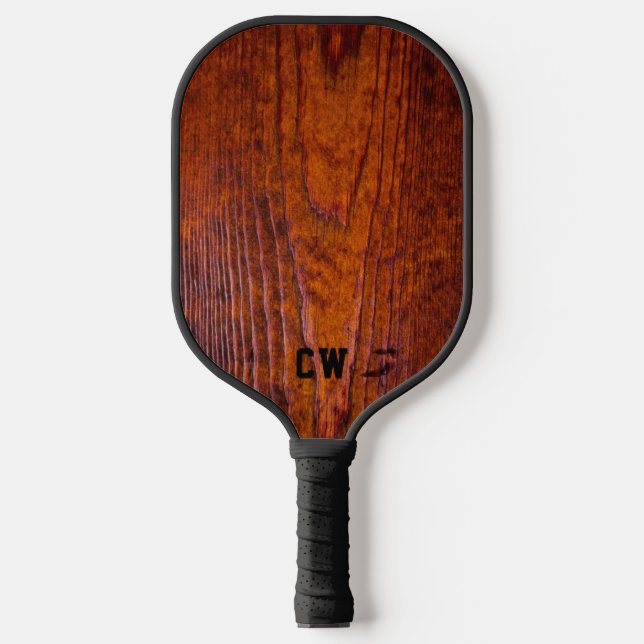 Elegantes rustikales Holz Mit Monogramm Pickleball Schläger (Vorderseite)