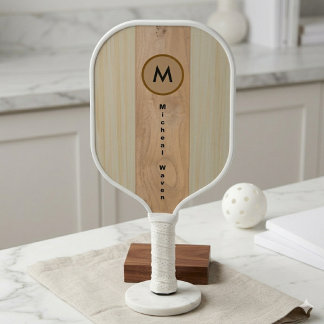 Elegantes Rustikales Holzstreifen-Monogramm Modern Pickleball Schläger