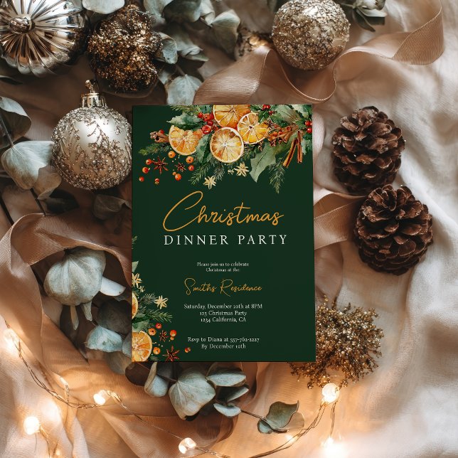 Elegantes rustikales Orange Pine Christmas Party G Einladung (Elegant Rustic Orange Pine Christmas Party Green Invitation)