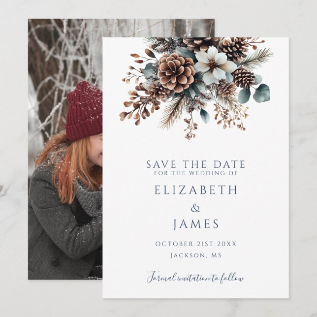 Elegantes Rustikales Pinecones Foto Hochzeit Save The Date (Vorne/Hinten)