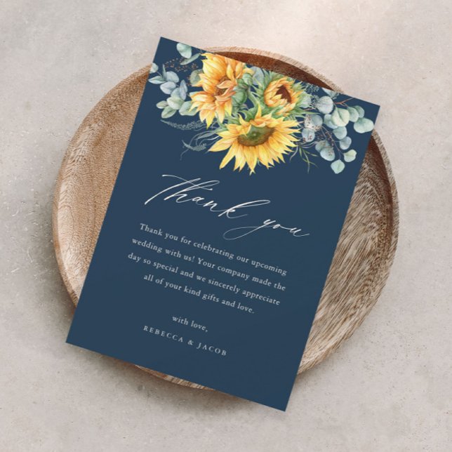 Elegantes rustikales Sonnenblumen-Brautparty Dankeskarte (Elegant sunflower eucalyptus bridal shower thank you card with modern handwritten script.)