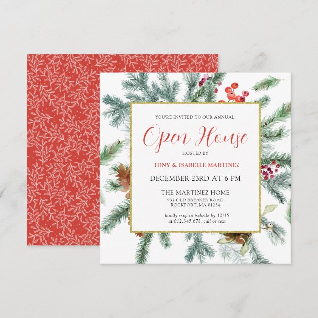 Elegantes rustikales Winter Botanisches Open House Einladung (Vorne/Hinten)