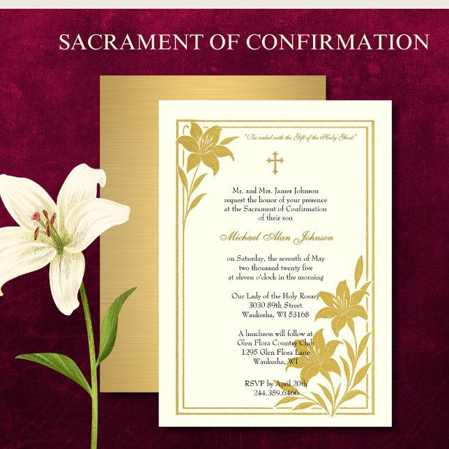 Elegantes Sacrament of Confirmation Gold Lilies Einladung (Von Creator hochgeladen)