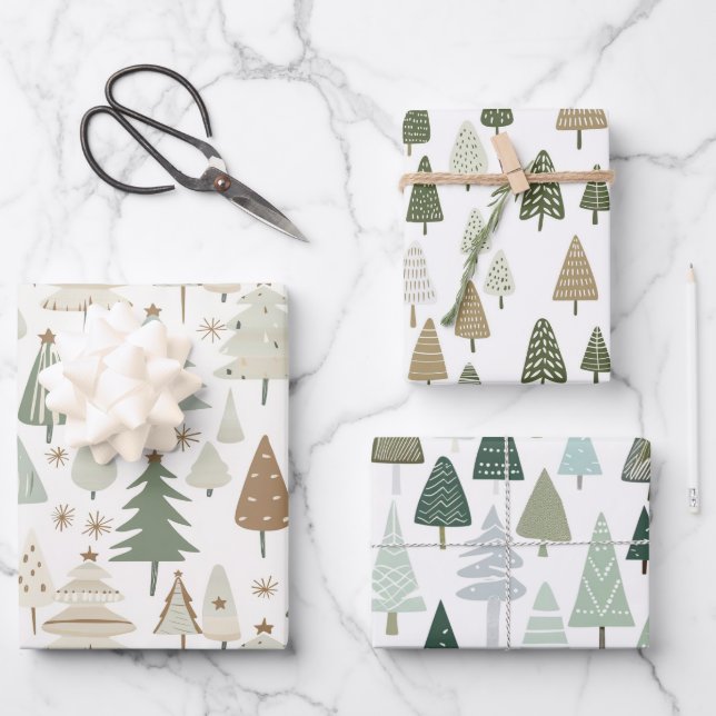 Elegantes Saga-grünes Weihnachtsbaummuster Geschenkpapier Set (Vorderseite)