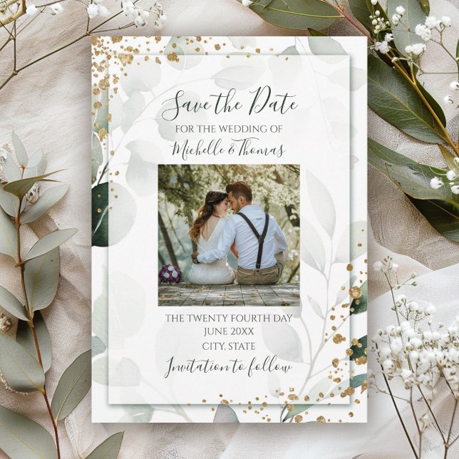 Elegantes Sage Gold Aquarell Eukalyptus-Foto Save The Date (Von Creator hochgeladen)
