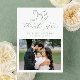 Elegantes Sage Green Bow Foto Hochzeit Dankeskarte