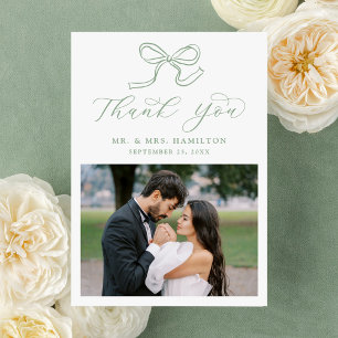 Elegantes Sage Green Bow Foto Hochzeit Dankeskarte