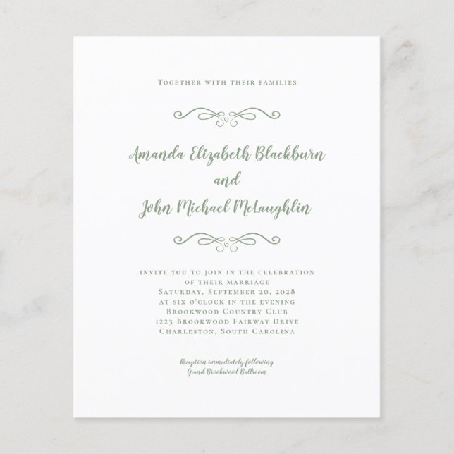 Elegantes Sage Green Budget Hochzeit Chic Einladun (Vorderseite)
