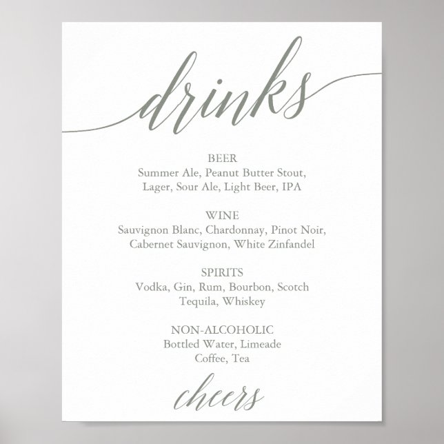 Elegantes Sage Green Calligraphy Drink Menu Schild (Vorne)