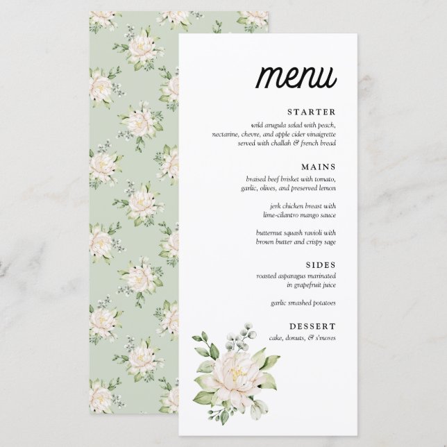 Elegantes Sage Green Floral Peony Dinner Menu Menükarte (Vorne/Hinten)
