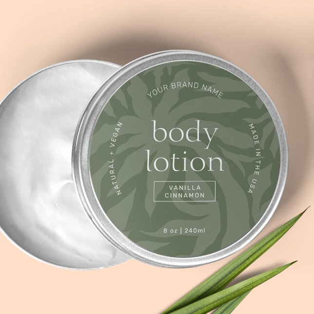 Elegantes Sage Green Lotion Jar Round-Product-Labe Runder Aufkleber (Elegant sage green round product label with fully editable text & colors)