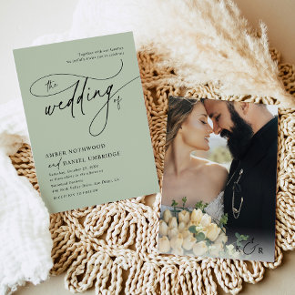 Elegantes Sage Green Minimalistisch Foto Hochzeit Einladung