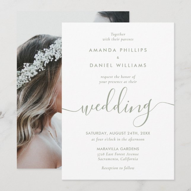 Elegantes Sage Green Modernes Script Foto Hochzeit Einladung (Vorne/Hinten)