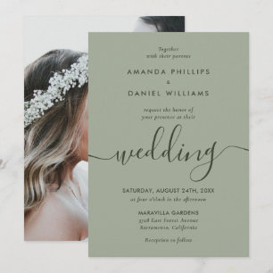 Elegantes Sage Green Modernes Script Foto Hochzeit Einladung