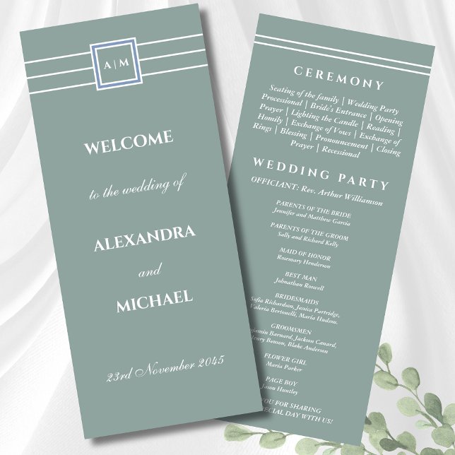 Elegantes Sage Green Monogram Modern Wedding Progr Programm (Von Creator hochgeladen)