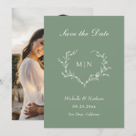 Elegantes Sage Green Monogram Save the Date Foto Einladung