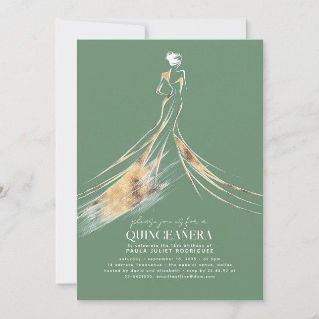 Elegantes Sage Green QUINCEAÑERA Einladung (Vorderseite)