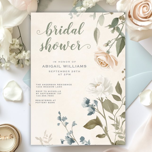 Elegantes Sage Green Rose Floral Chic Brautparty Einladung (Elegant Sage Green Rose Floral Chic Bridal Shower Invitation)
