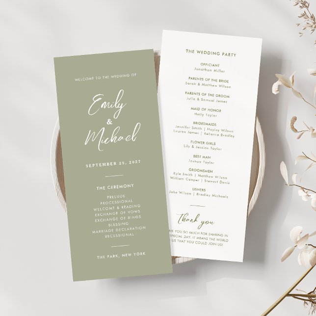 Elegantes Sage Green Script Minimal Wedding Progra Einladung (Von Creator hochgeladen)