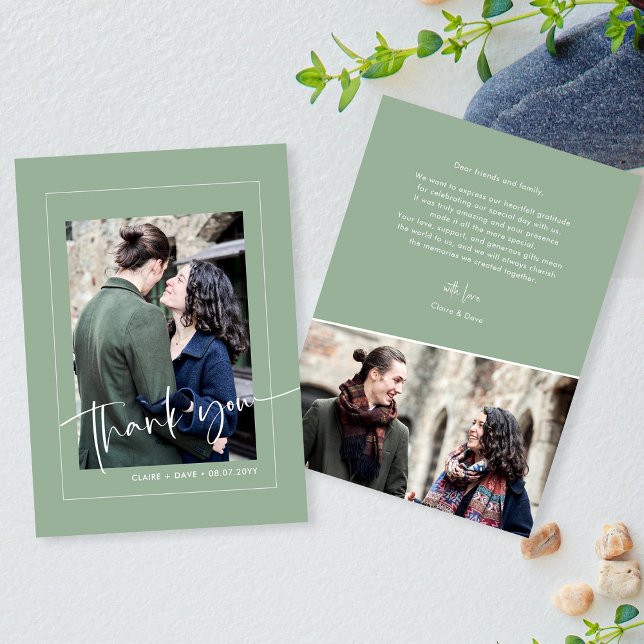 Elegantes Sage Green Wedding Foto Dankeschön Card Dankeskarte (Zazzle Chic Sage Green Hand Lettered Wedding Appreciation Thank You Card)
