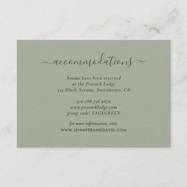 Elegantes Sage Green Wedding Hotel Unterkunft Begleitkarte (Vorderseite)