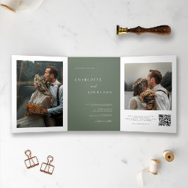 Elegantes Sage Green Wedding RSVP Details Foto Dreifach Gefaltete Einladung