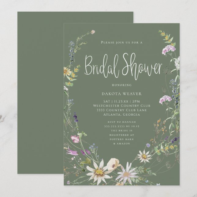 Elegantes Sage Green Wildblume Brautparty Einladung (Vorne/Hinten)