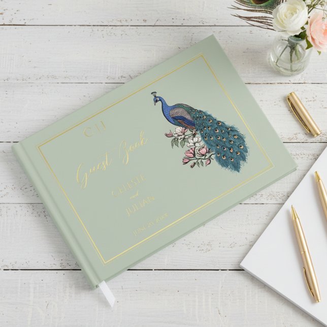 Elegantes Sage Peacock Foto Wedding Gästebuch (Elegant Modern Sage Floral Peacock Wedding Guest Books. Bird, Ornate Teal Feathers, Chic Gold Foil)