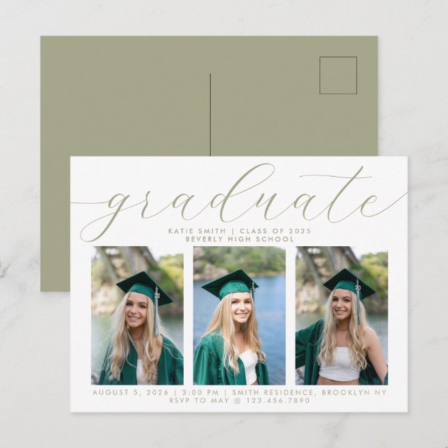 Elegantes Sage Script Minimalistisch Abschluss 3 F Einladungspostkarte (Vorne/Hinten)