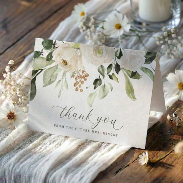 Elegantes Sage White Blume Brautparty Hochzeit Dankeskarte (Elegant script bridal shower thank you cards with watercolor greenery and white florals)