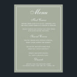 Elegantes Sage White Script Wedding Menu Menükarte<br><div class="desc">Eine elegante Art,  Ihren Gästen ihre Menüoptionen zu zeigen. In Salbei grün mit weißem Schriftzeichen. Ein eleganter Hochzeitswettbewerb-Schriftart wurde mit einem modernen Stil kombiniert,  der den Schriftart all Caps zu einem stilvollen und dennoch benutzerfreundlichen Hochzeitsmenü macht.

Für Ihre Menüoptionen wurde ausreichend Platz reserviert.</div>