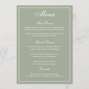 Elegantes Sage White Script Wedding Menu Menükarte