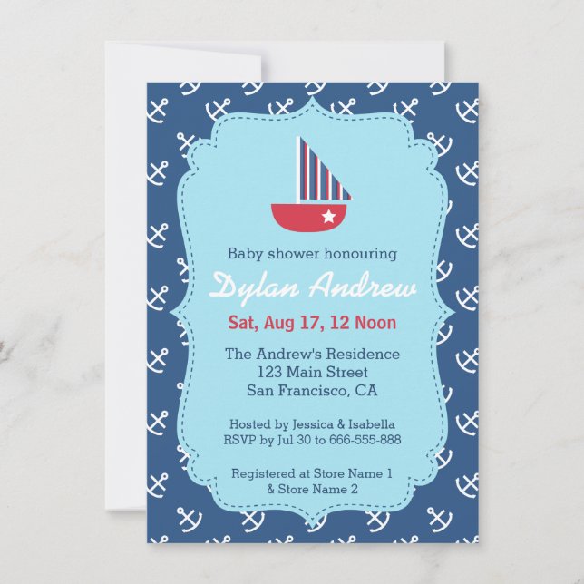 Elegantes Sailboat Anchor Blue Nautical Babydusche Einladung (Vorderseite)