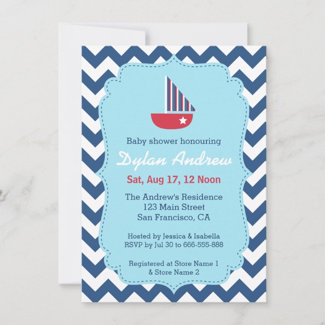 Elegantes Sailboat Schöne Babydusche, Zickzack Einladung (Vorderseite)