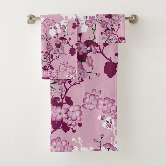 Elegantes Sakura Rosa Burgund Weißes Kirschblüten Badhandtuch Set (Insitu)